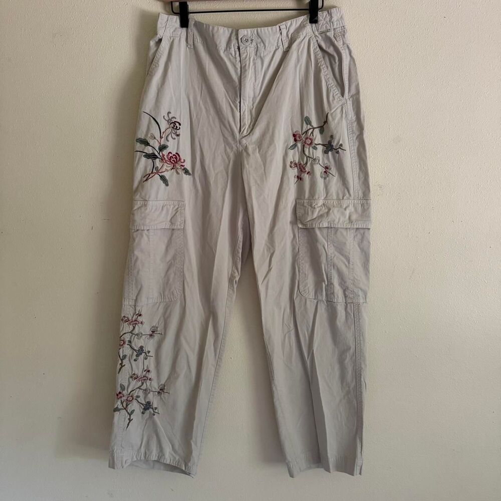 Sundance Boho Beige Floral Embroidered Cargo Adjustable Waist Pants Size 14